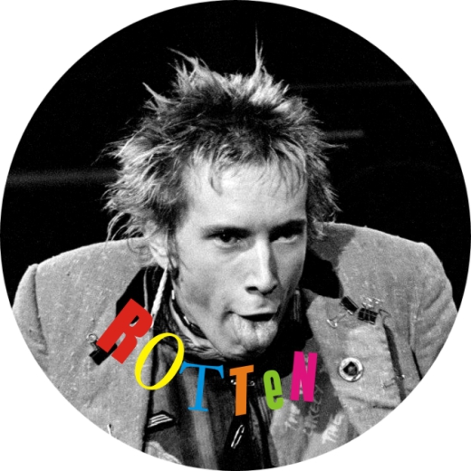 Rotten, Johnny John Lydon Sex Pistols Motiv 1 Anstecker mit Sicherheitsnadel Ø 25mm