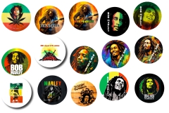 Sammler-Edition Marley, Bob Marley 15 Anstecker mit Sicherheitsnadel Ø 25 mm + Flaschenöffner Ø 55 mm